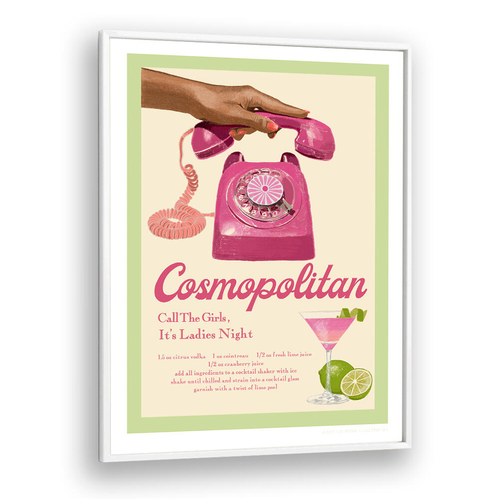 Vibrant JLR COCKTAILS COSMOPOLITAN, FASHION POSTERS featuring a retro phone and cocktail recipe, perfect for any bar decor.