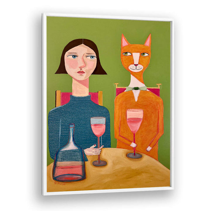LADY AND CAT DRINKING WINE  , PORTRAITS & FIGURATIVE ILLUSTRATIONS