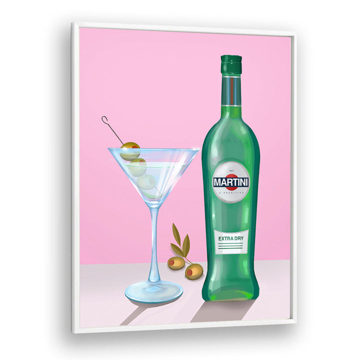MARTINI COCKTAIL , BAR art print featuring a green bottle and martini glass with olives