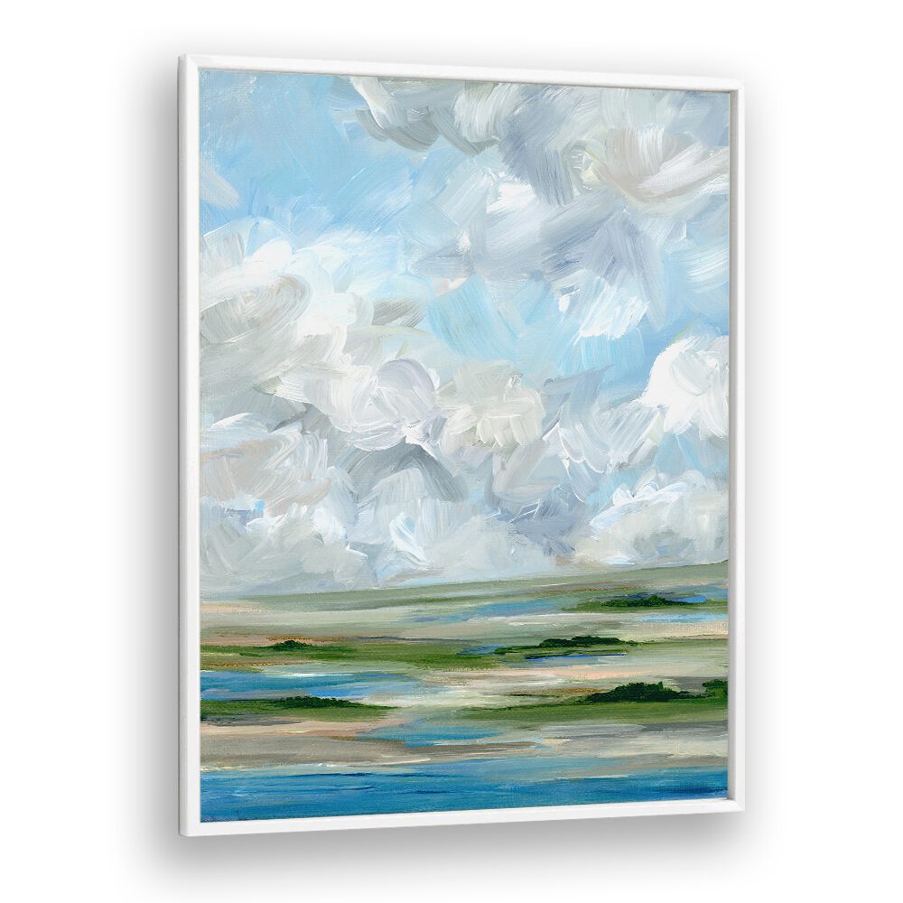 Serene blue skies and lush landscapes in MID DAY MARSH, LANDSCAPE PAINTINGS, perfect for tranquil home decor.