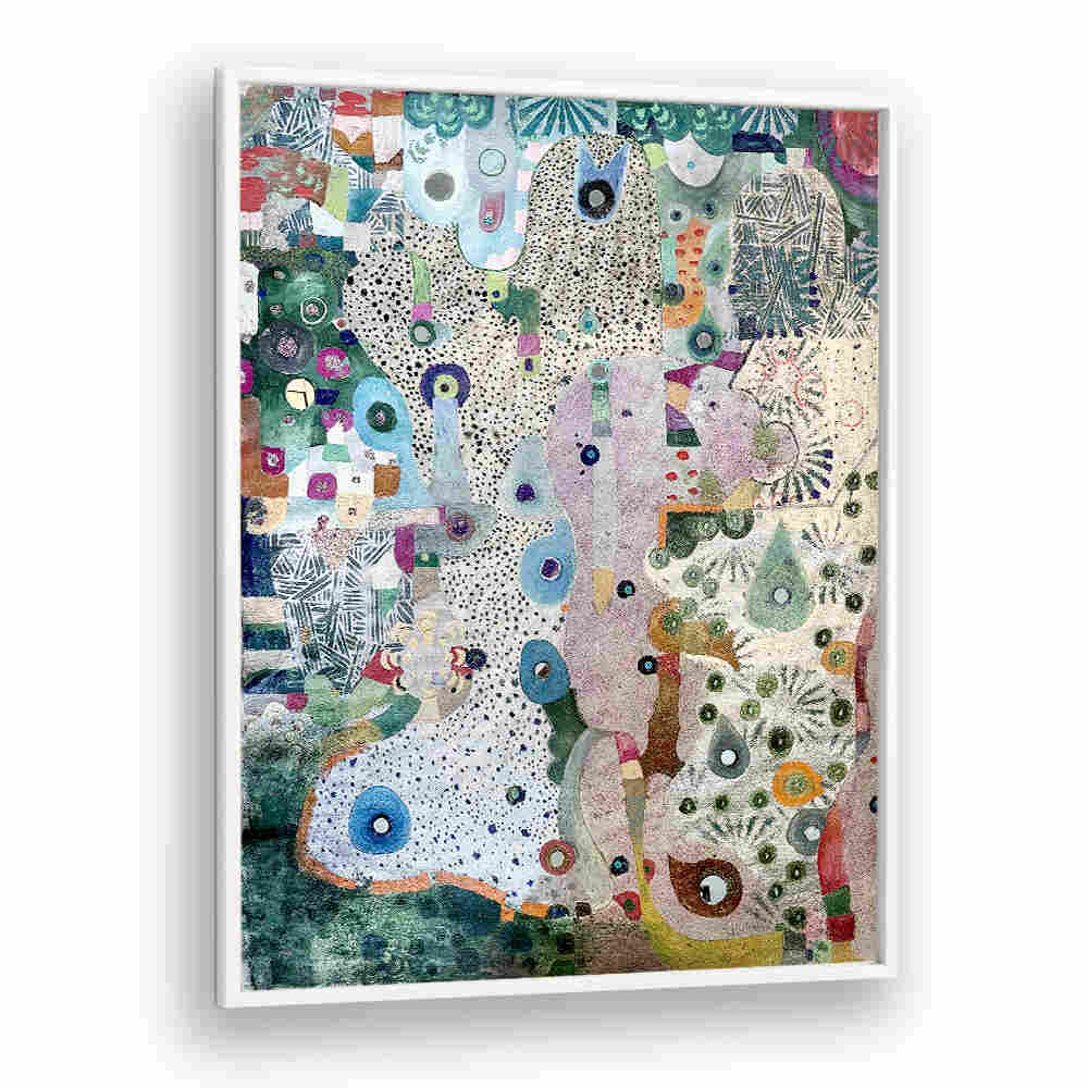 MIRRORS AND SPACE , ABSTRACT PAINTINGS white-framed abstract with layered texture, luminous tones and quiet geometric motifs