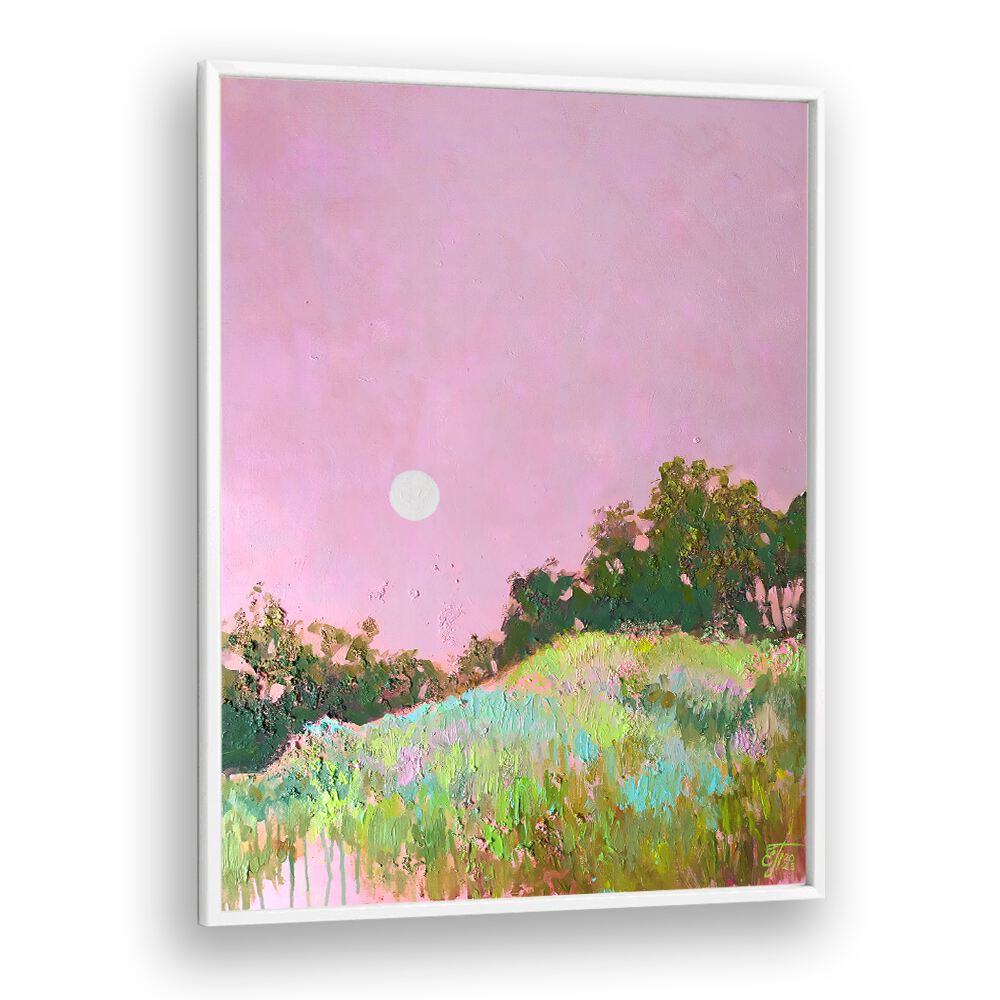 Tranquil PINK GREEN HILLS, LANDSCAPE PAINTINGS showcase serene rolling hills in soft pink and lush green hues.