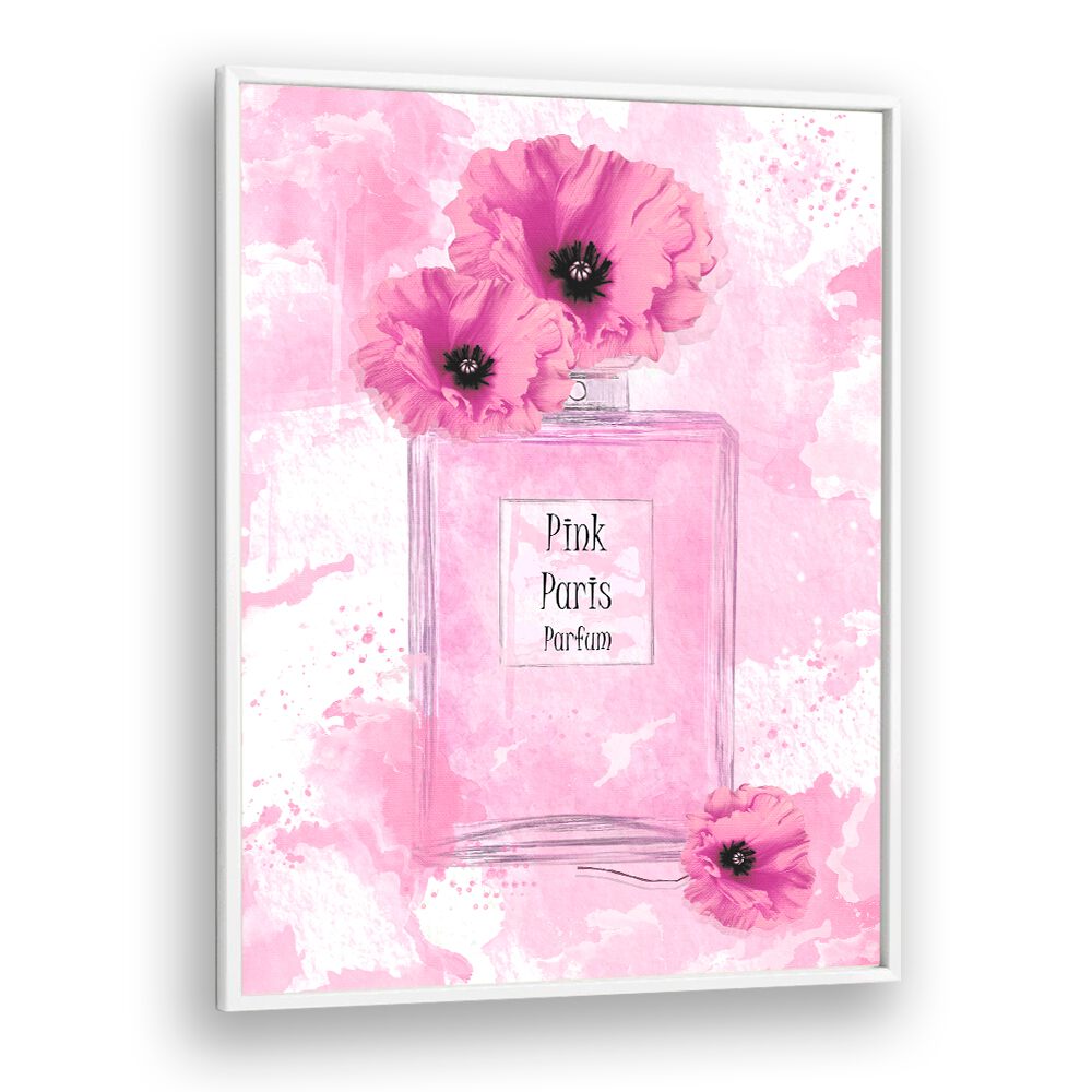 Elegant PINK PARIS PARFUM fashion poster featuring a pink bottle adorned with flowers, perfect for chic decor.