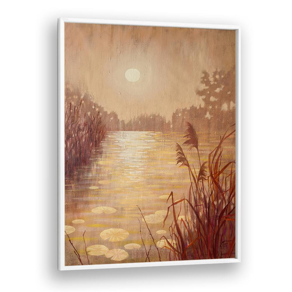 Pond with reeds at sunset, landscape paintings showcasing serene beauty in vibrant orange and gold hues. Perfect decor.