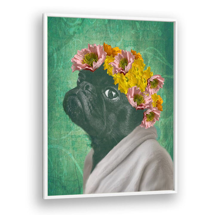 Charming PUG PORTRAIT, FASHION POSTERS featuring a stylish pug adorned with flowers, perfect for dog lovers.