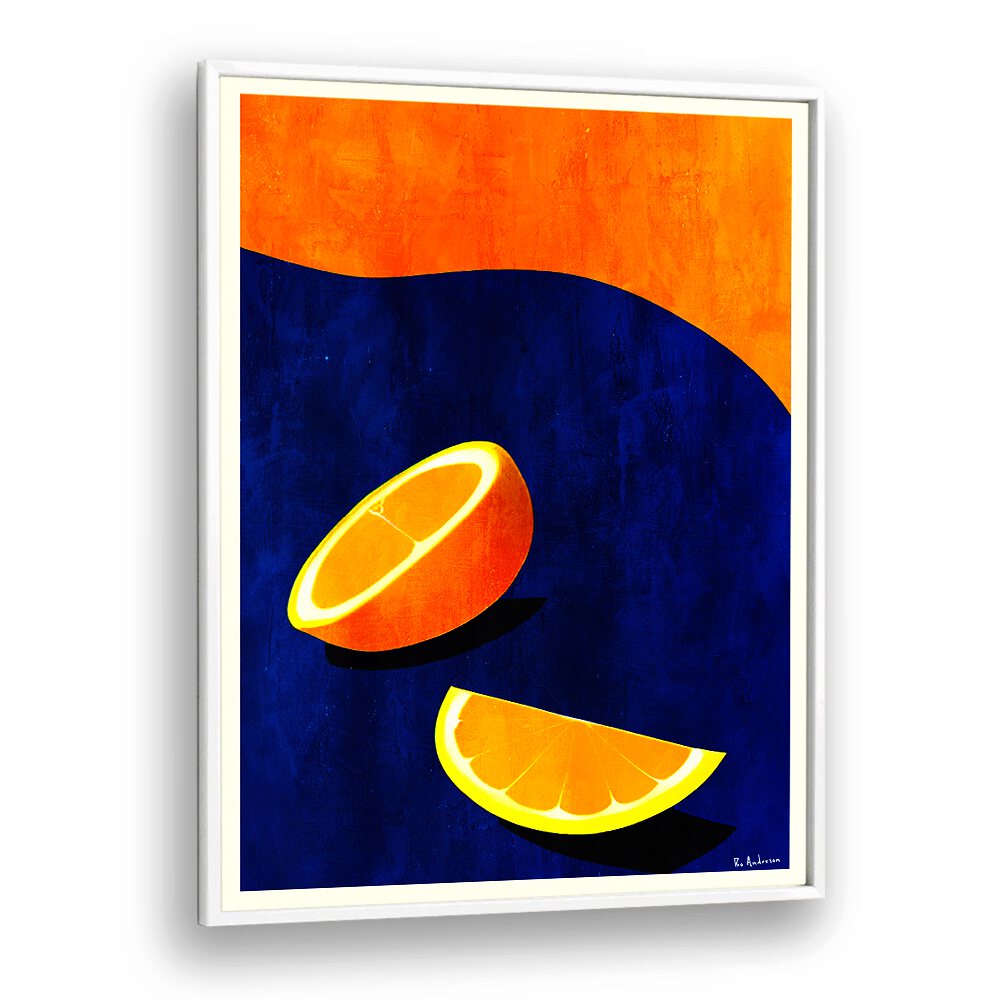 Bright orange and navy artwork featuring citrus slices, perfect for enhancing your kitchen with PETIT DEITUJEUNER, KITCHEN POSTERS.