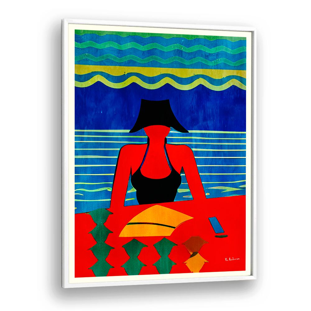 Bright and colorful READING, BEACH PAINTINGS featuring a serene scene of relaxation and tranquility by the shore.