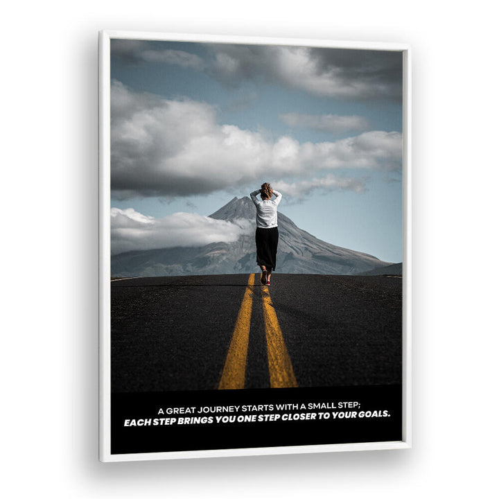 WhitePlain: SMALL STEPS , QUOTES poster with typography on a road toward mountains.