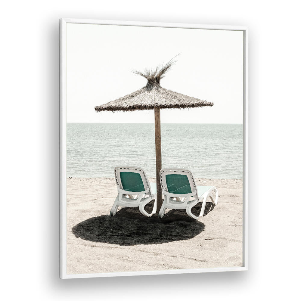 Serene beach scene with lounge chairs under a straw umbrella, perfect for showcasing SOLARIS II, BEACH PAINTINGS.
