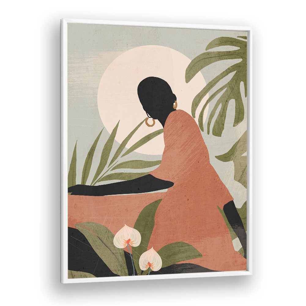Serene Sunlit Silhouette, boho art paintings showcasing a tranquil silhouette surrounded by lush greenery and soft hues.