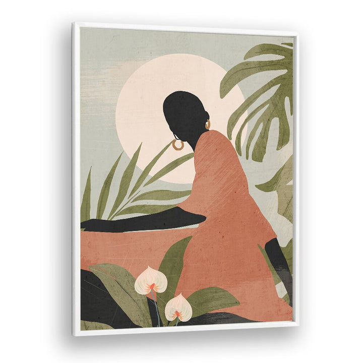 Serene Sunlit Silhouette, boho art paintings showcasing a tranquil silhouette surrounded by lush greenery and soft hues.