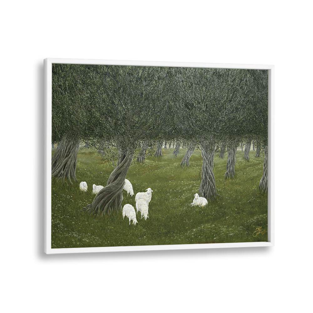 Shamble Grove, Animal Paintings showcase serene sheep grazing under majestic trees, perfect for enhancing your decor.