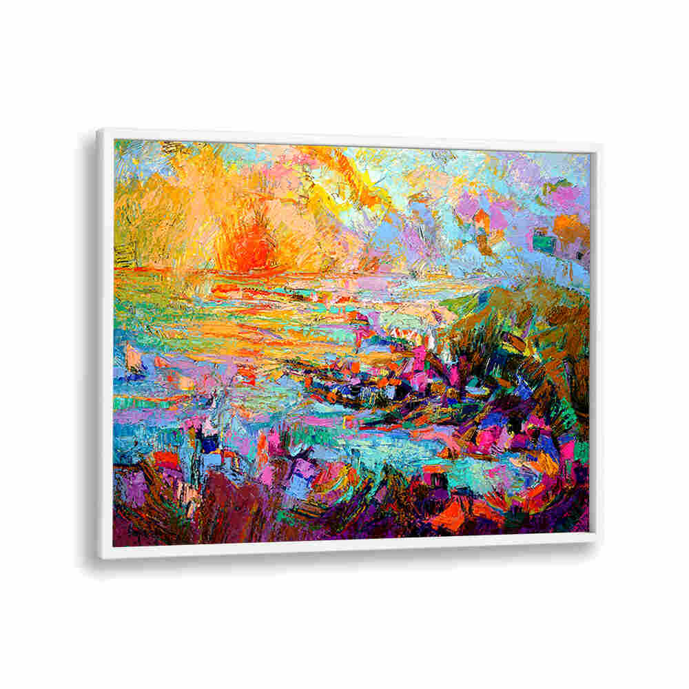 SUNSET OVER , LANDSCAPE PAINTINGS vibrant framed abstract sunset landscape on canvas by WHITEPLAIN