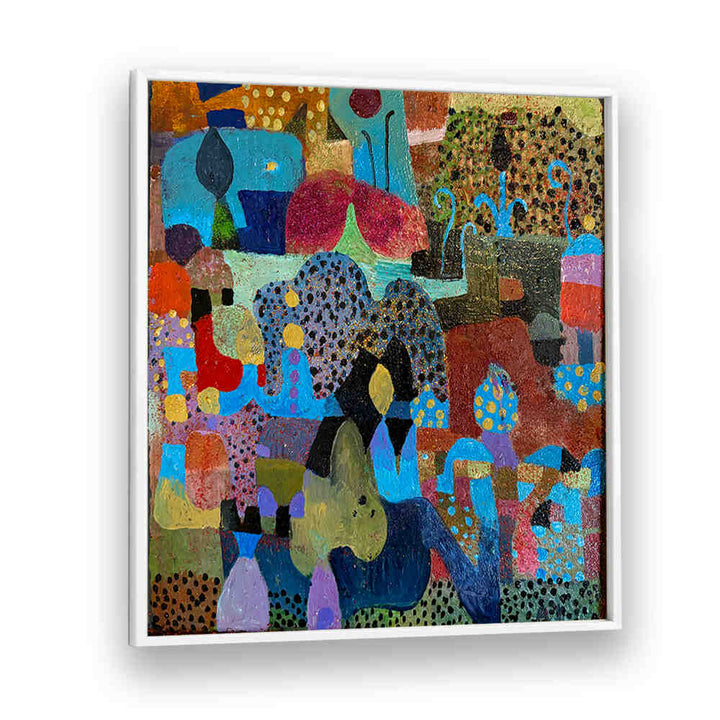Colorful textured communal landscape in THE VILLAGE , ABSTRACT PAINTINGS with warm earth tones and fluid brushstrokes.