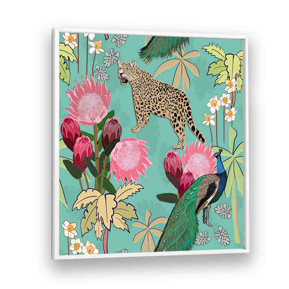 TIGER AND PEACOCK , ANIMAL PAINTINGS — vibrant teal floral panel with prowling tiger and colorful peacock, contemporary wall art