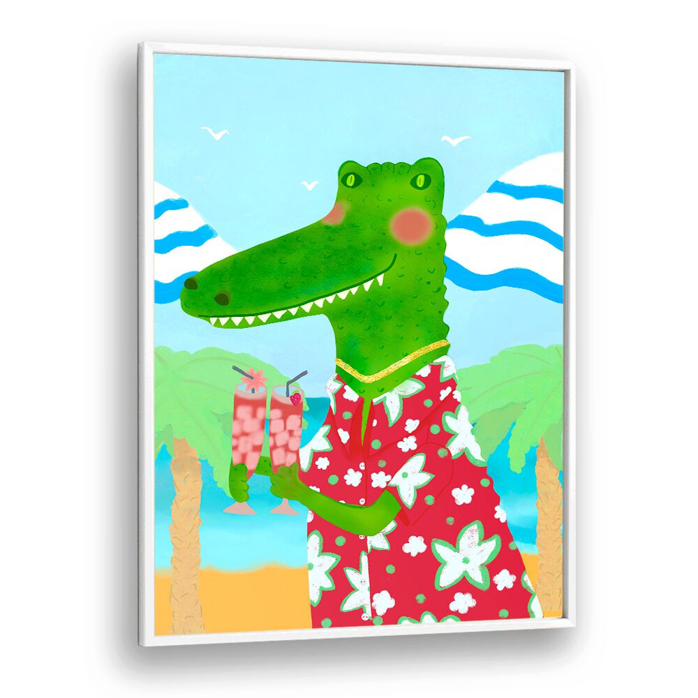 Vibrant TROPICAL REFRESHMENTS, KIDS ROOM PAINTINGS featuring a playful crocodile, perfect for igniting imagination.