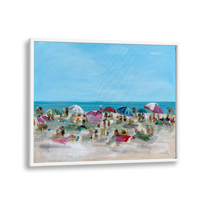 Vibrant UMBRELLA GATHERING, BEACH PAINTINGS showcasing beachgoers and colorful umbrellas, perfect for coastal decor.
