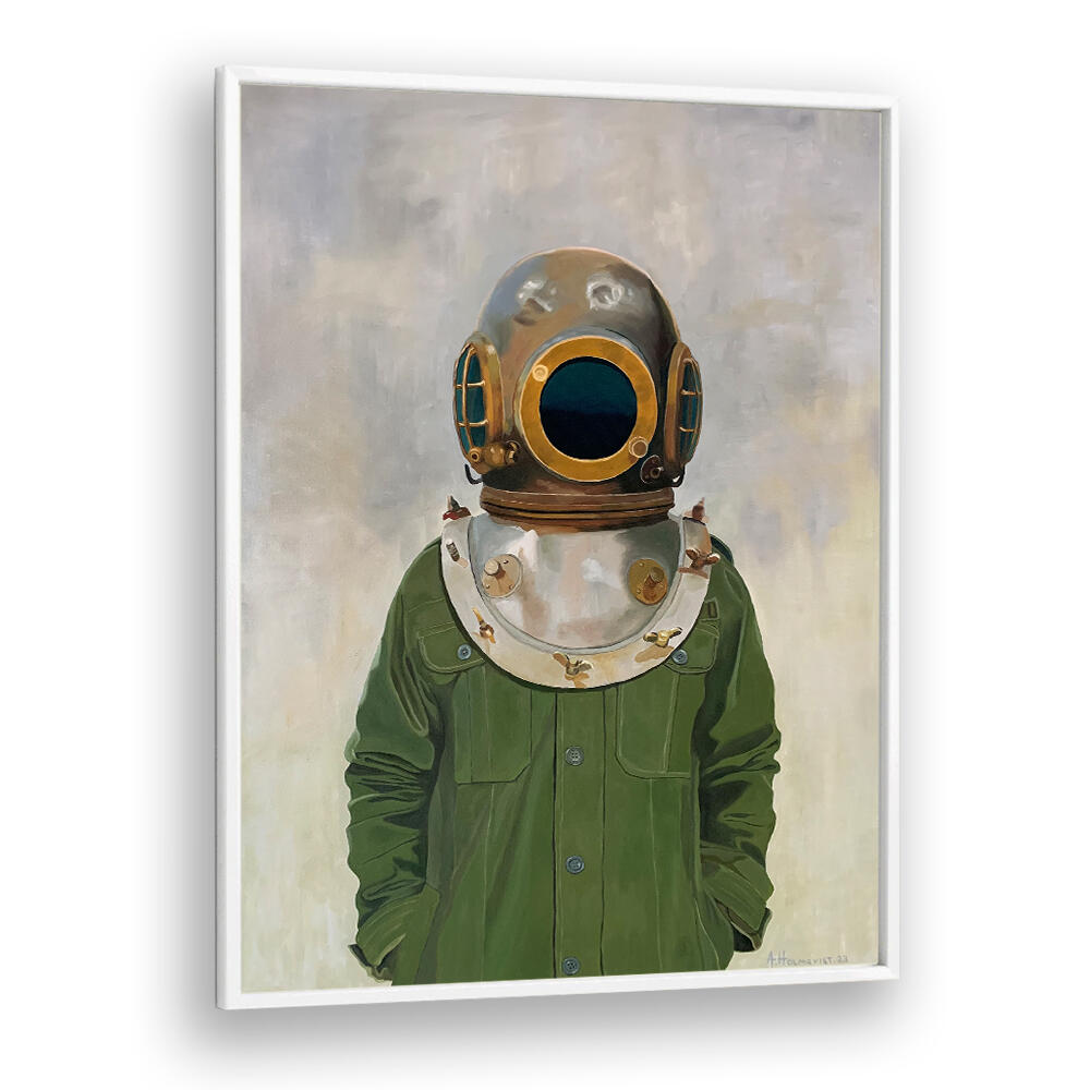 VINTAGE DIVER'S HELMET ON A PERSON , PORTRAITS & FIGURATIVE ILLUSTRATIONS