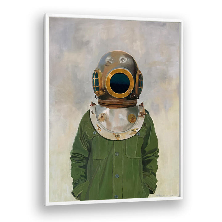 VINTAGE DIVER'S HELMET ON A PERSON , PORTRAITS & FIGURATIVE ILLUSTRATIONS