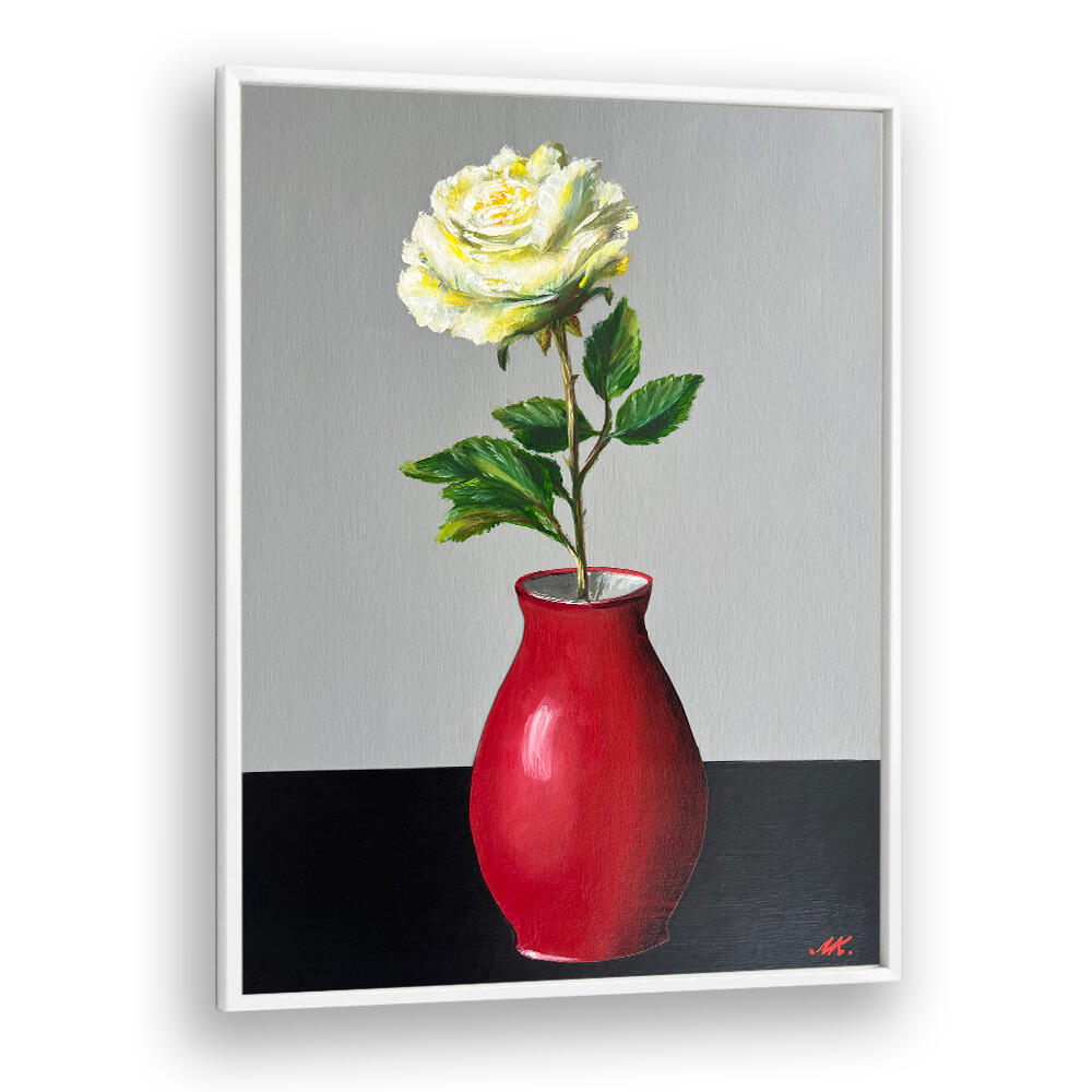 WHITE ROSE IN A RED VASE