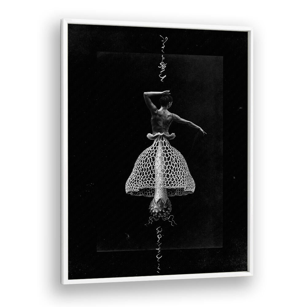 Elegant dancer adorned with a surreal skirt, showcasing "DANCE WITH ME, SURREAL ART PRINTS" by Whiteplain.