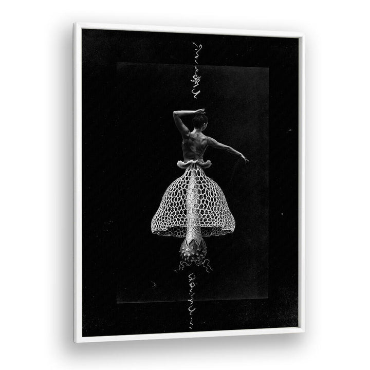 Elegant dancer adorned with a surreal skirt, showcasing "DANCE WITH ME, SURREAL ART PRINTS" by Whiteplain.