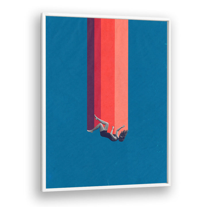 Surreal art print “FALLING LOVE” featuring a figure descending through vibrant colors, perfect for modern decor.