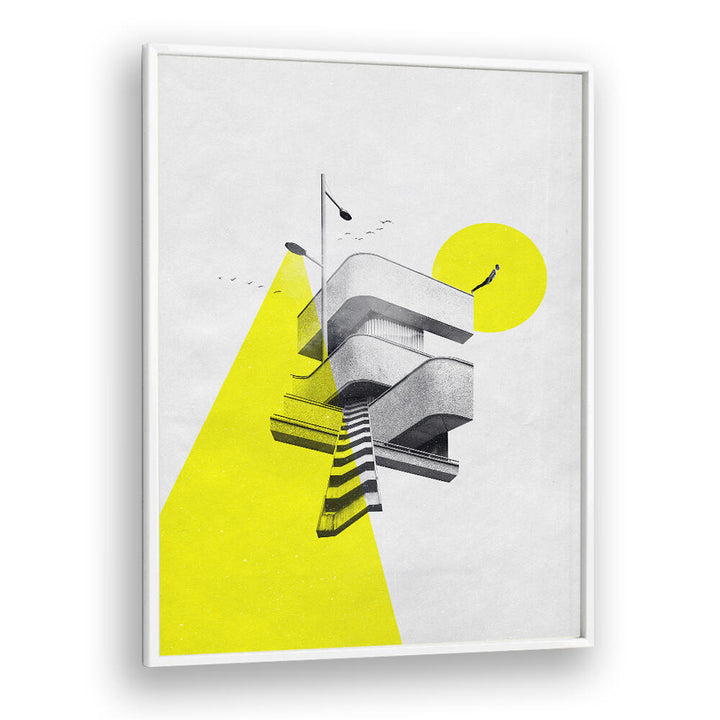 Surreal art print titled "FIRST STEP," featuring abstract architecture and vibrant yellow accents. Perfect for modern decor.