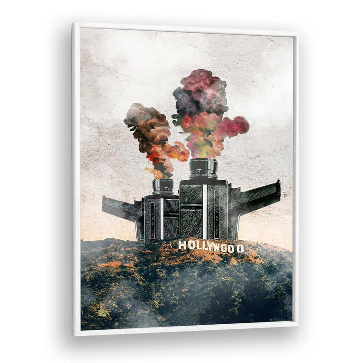 Surreal art print showcasing a creative Hollywood scene with vibrant colors, perfect for modern decor. HOLLYWOOD, SURREAL ART PRINTS.