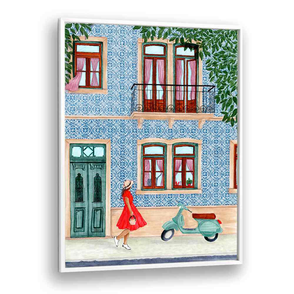 Stylish lady in a red dress walks past a blue building with a scooter, perfect for LADY WITH SCOOTER, BAR art lovers.