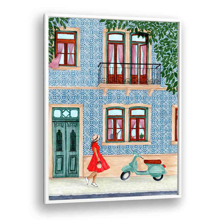 Stylish lady in a red dress walks past a blue building with a scooter, perfect for LADY WITH SCOOTER, BAR art lovers.