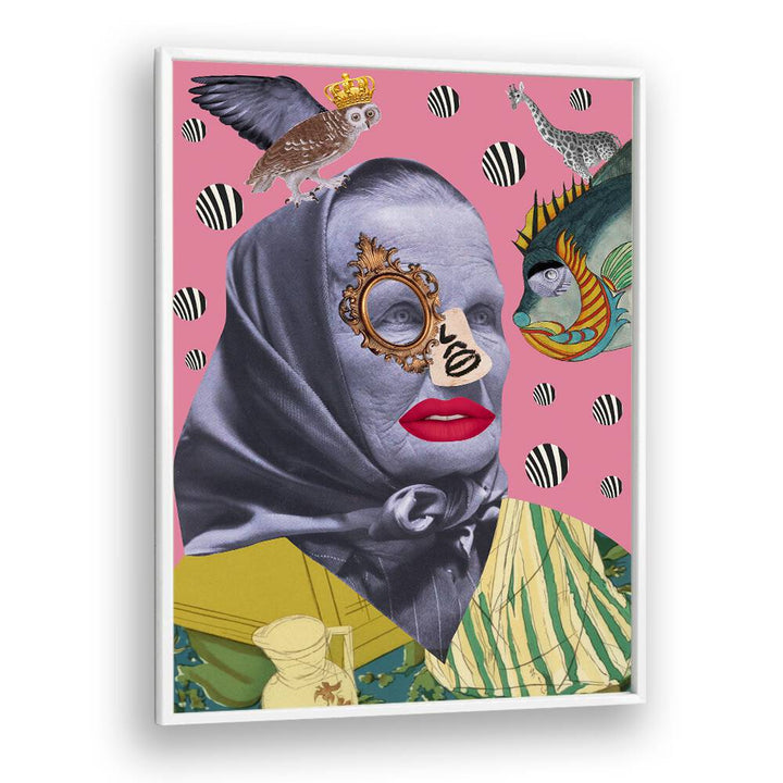 Surreal art print titled GRANDMOTHER, featuring whimsical elements that evoke warmth and family heritage.