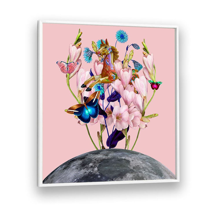 Whimsical FLYING HORSE OVER THE MOON, SURREAL ART PRINTS featuring flowers and butterflies, perfect for home decor.