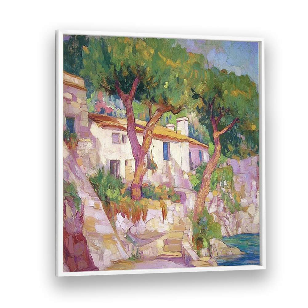 Tranquil HOUSE BY THE SEA artwork captures coastal charm and modern elegance for serene home decor.