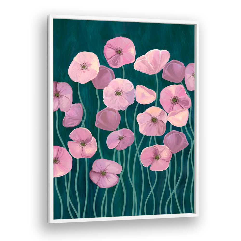 Vibrant PINK POPPIES II, FLORAL FLOWER PAINTINGS showcasing delicate blooms on a rich teal background.