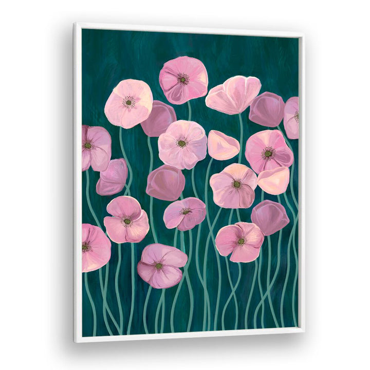 Vibrant PINK POPPIES II, FLORAL FLOWER PAINTINGS showcasing delicate blooms on a rich teal background.