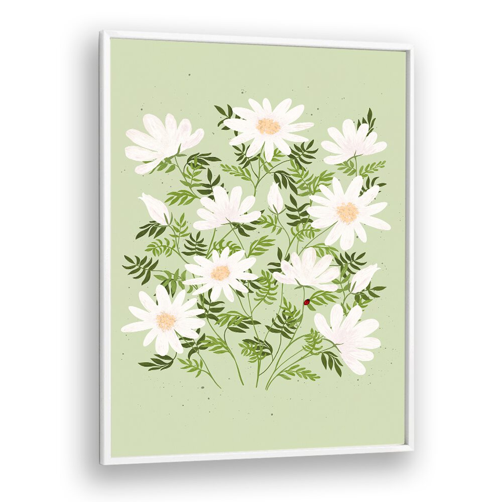 Delicate LADYBUG FLOWERS and vibrant greens in this FLORAL FLOWER PAINTINGS artwork, perfect for brightening any space.