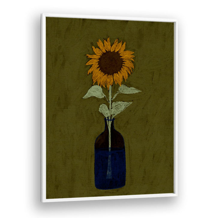 Bright sunflower in a blue vase against a textured background, perfect for RADIANT VIEW, KITCHEN POSTERS collection.