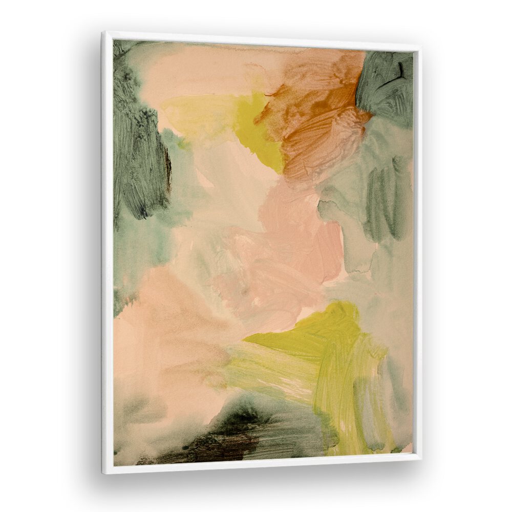 Colorful abstract painting titled "UNDER THE TREES , ABSTRACT PAINTINGS" showcasing soft hues and organic shapes.
