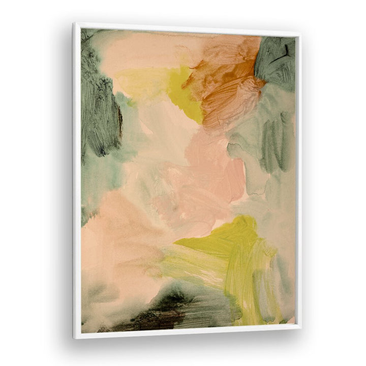 Colorful abstract painting titled "UNDER THE TREES , ABSTRACT PAINTINGS" showcasing soft hues and organic shapes.