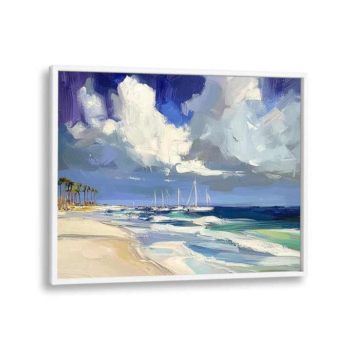 Serene coastal scene with sailboats on the water, embodying tranquility in SAILBOATS ON THE BEACH II artwork.
