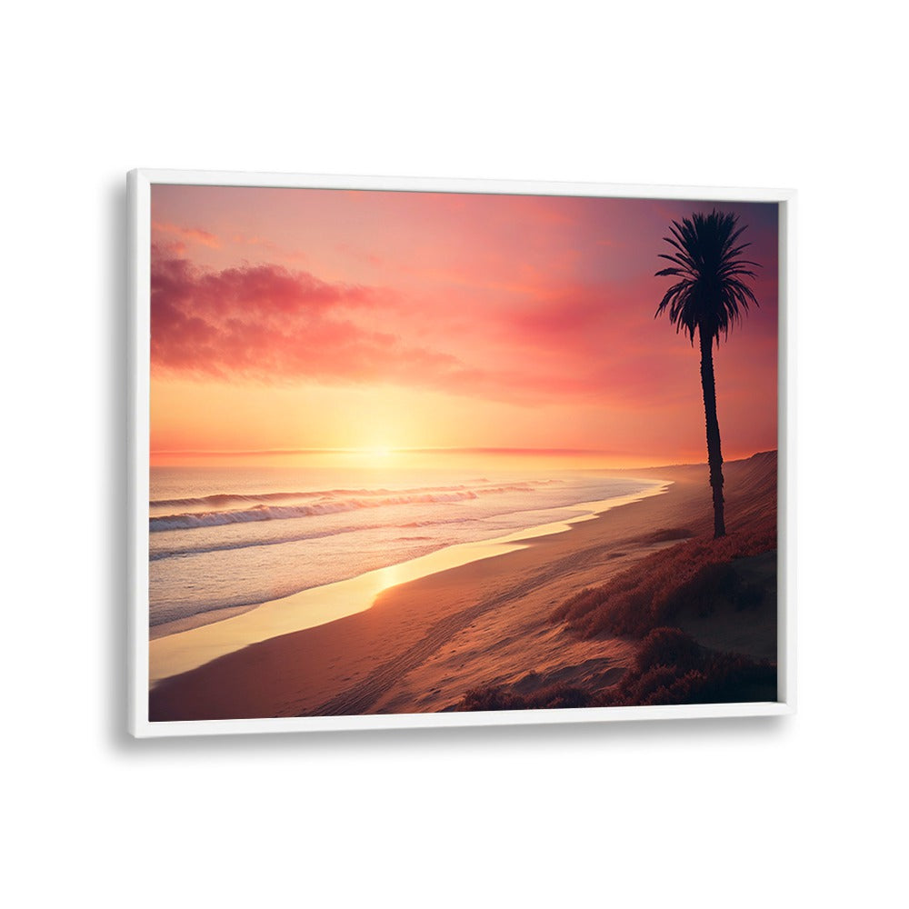 Vibrant sunset over a beach with palm trees, capturing the essence of LATE SUMMER DAY, BEACH PAINTINGS collection.