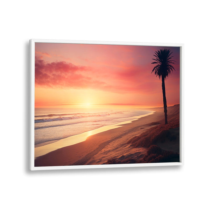 Vibrant sunset over a beach with palm trees, capturing the essence of LATE SUMMER DAY, BEACH PAINTINGS collection.