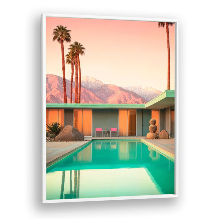 Vibrant poolside scene showcasing MOTEL 66 PALM SPRINGS, BEACH PAINTINGS capturing mid-century charm.