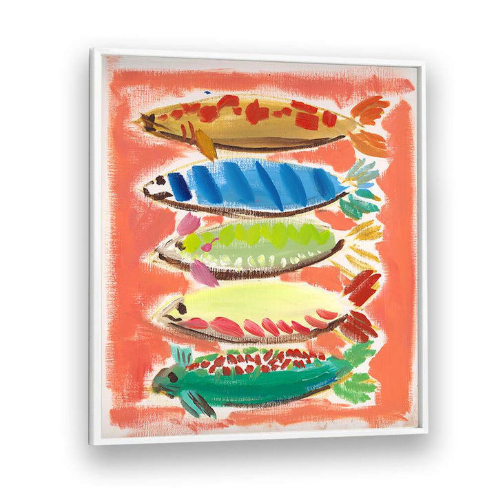 Colorful FIVE FISH, BEACH PAINTINGS showcase vibrant coastal art, perfect for enhancing your beach cottage decor.