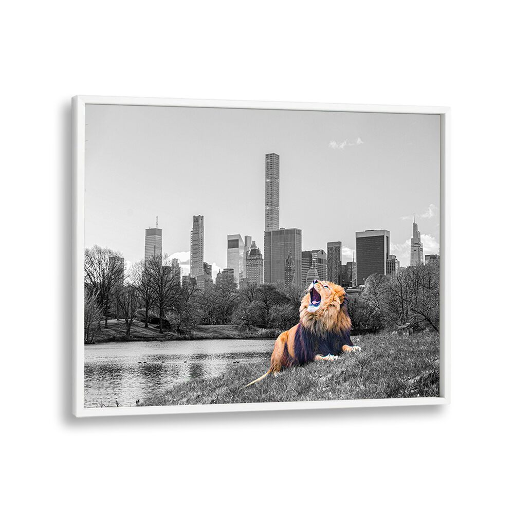 Bold lion roars against a vibrant New York skyline in NEW YORK ROAR, ANIMAL PAINTINGS collection. Perfect for city lovers.