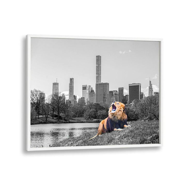 Bold lion roars against a vibrant New York skyline in NEW YORK ROAR, ANIMAL PAINTINGS collection. Perfect for city lovers.