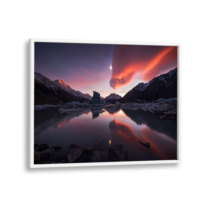 Stunning KISS OF DRAGON, PHOTOGRAPHY PRINTS showcasing a vibrant sunset over tranquil mountain reflections.