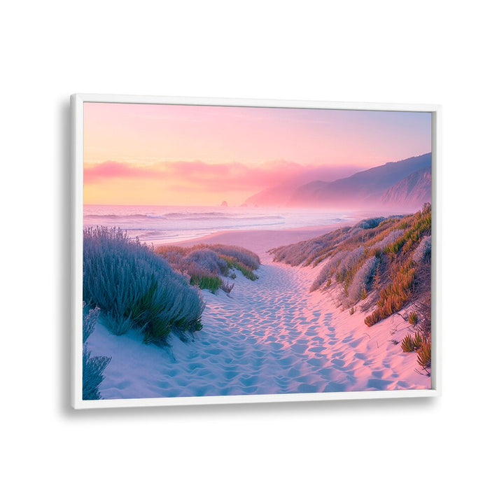 Serene sunset over sandy beach path, perfect for relaxation in our SUNSET SAND PATH, BEACH PAINTINGS by Philippe Hugonnard.