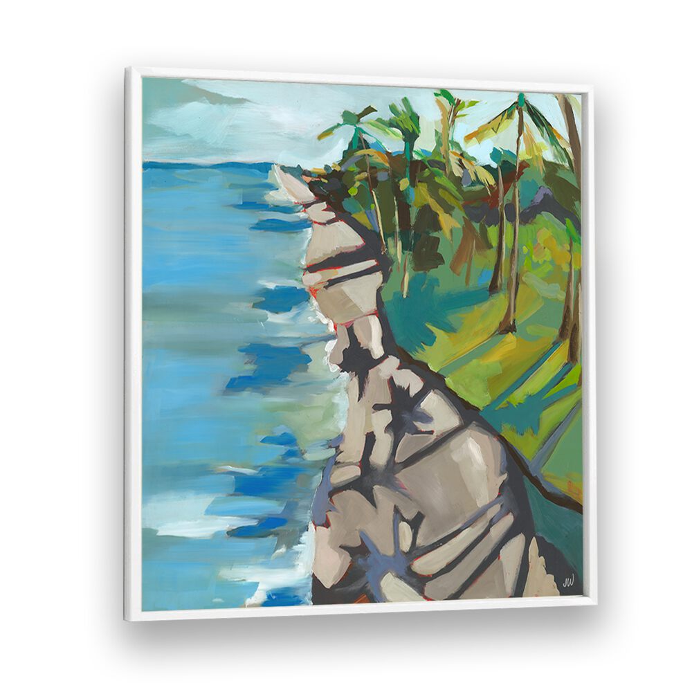 Abstract landscape painting titled WATER II, LANDSCAPE PAINTINGS, showcasing serene blue waters and lush greenery.